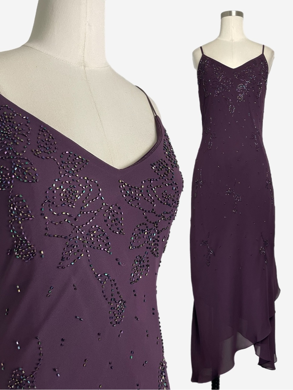 Vintage Y2K Absolut Purple floral beaded asymmetric midi dress dark fairy noir M